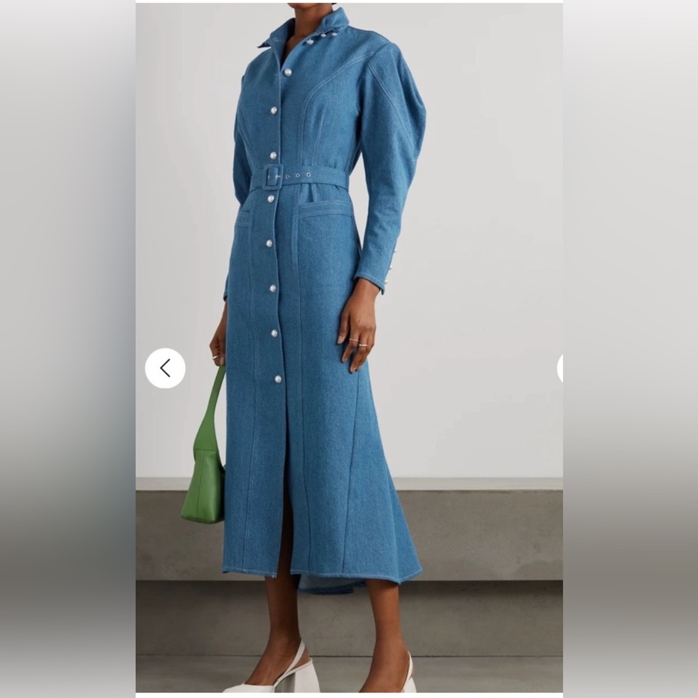 Batsheva denim long dress. Hunter belted faux pearl embellished denim dress